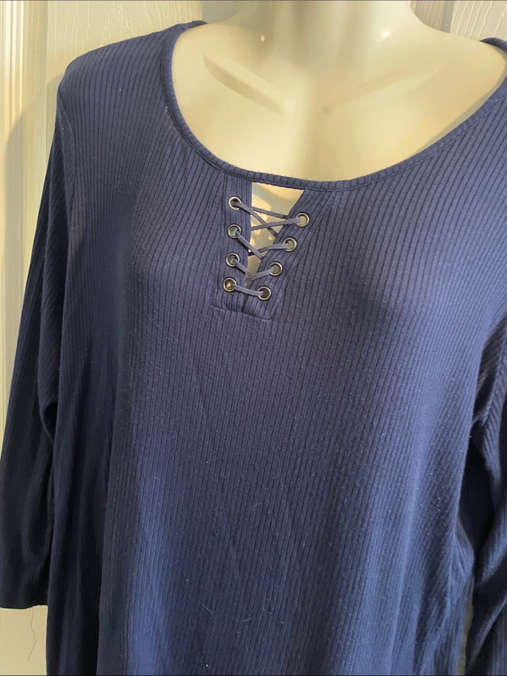 Navy Ribbed Lace-Up Womens Top